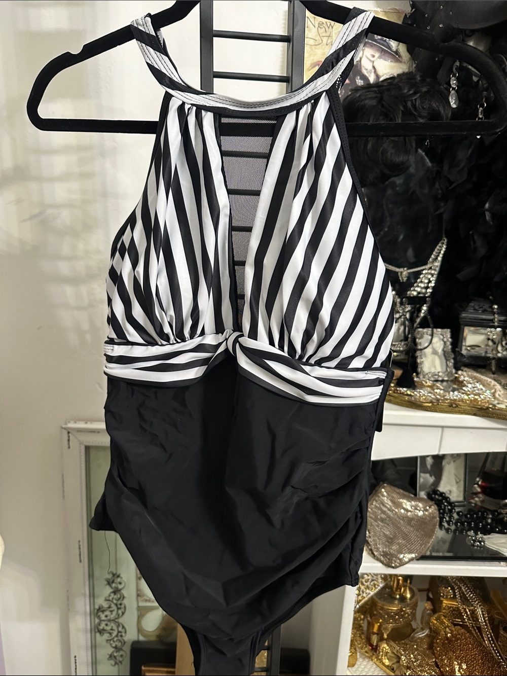 Girls' Black & White Striped One-Piece Swimsuit with Knotted Front